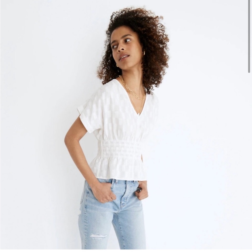 Madewell White Textured V-Neck Blouse
